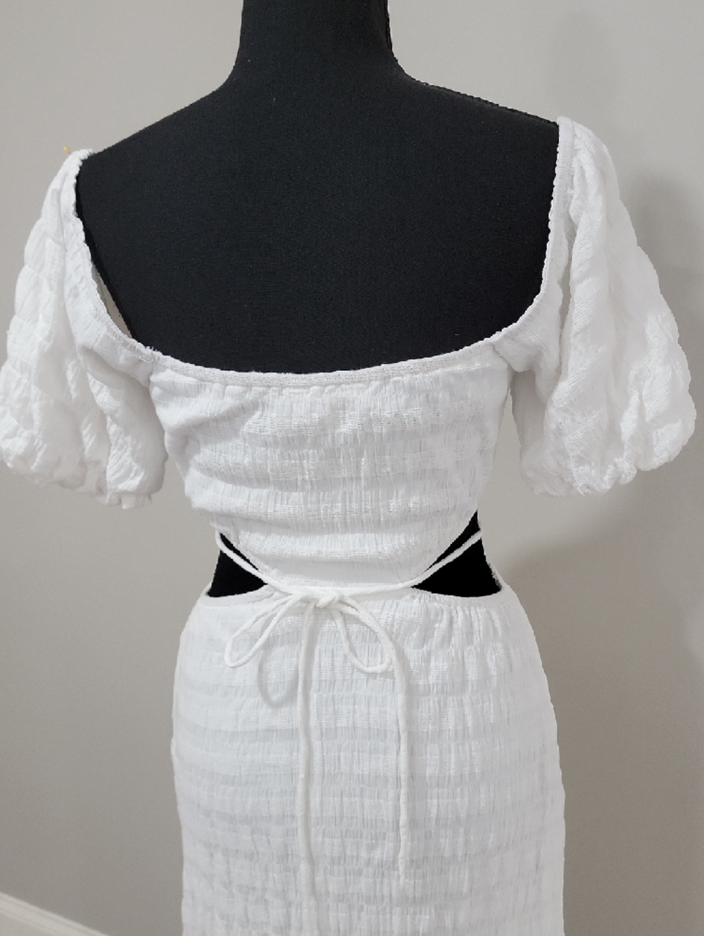 White Dress with Puff Sleeves and Side Cutouts - Picture 4 of 11